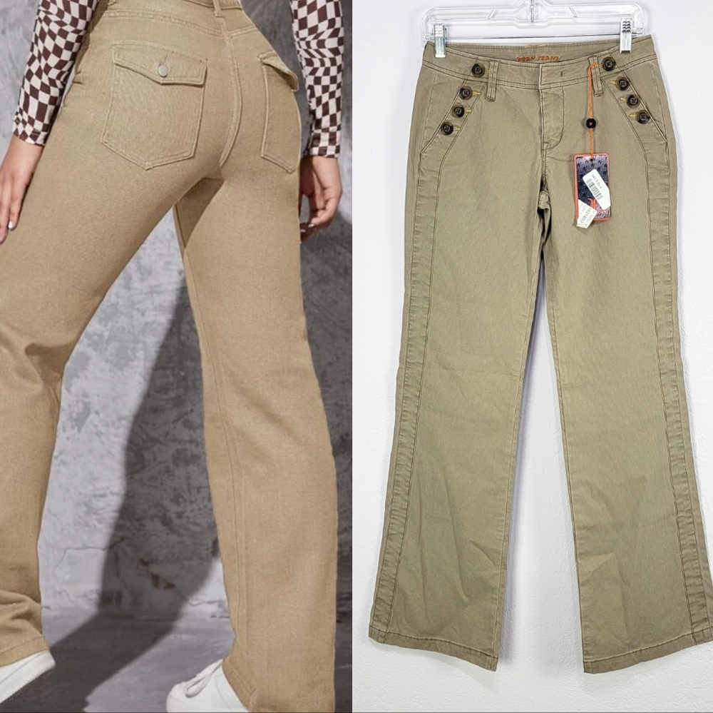 Worn Jeans Twill Wide Leg Low Rise Khaki Pants Button Accents Size 4/27 NWT
